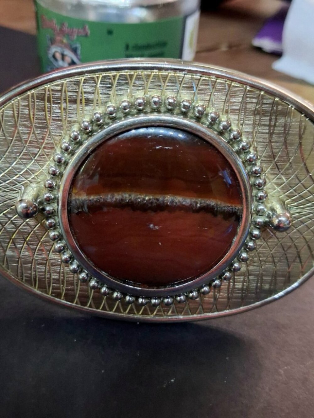 Vintage Western Belt Buckle Gold Tone Engraved Geometric Banded Agate Cabochon